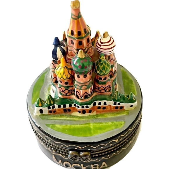 St. Basil's Cathedral Moscow Trinket Box Ceramic Hinged Enamel Red Square FLAW - Picture 2 of 8